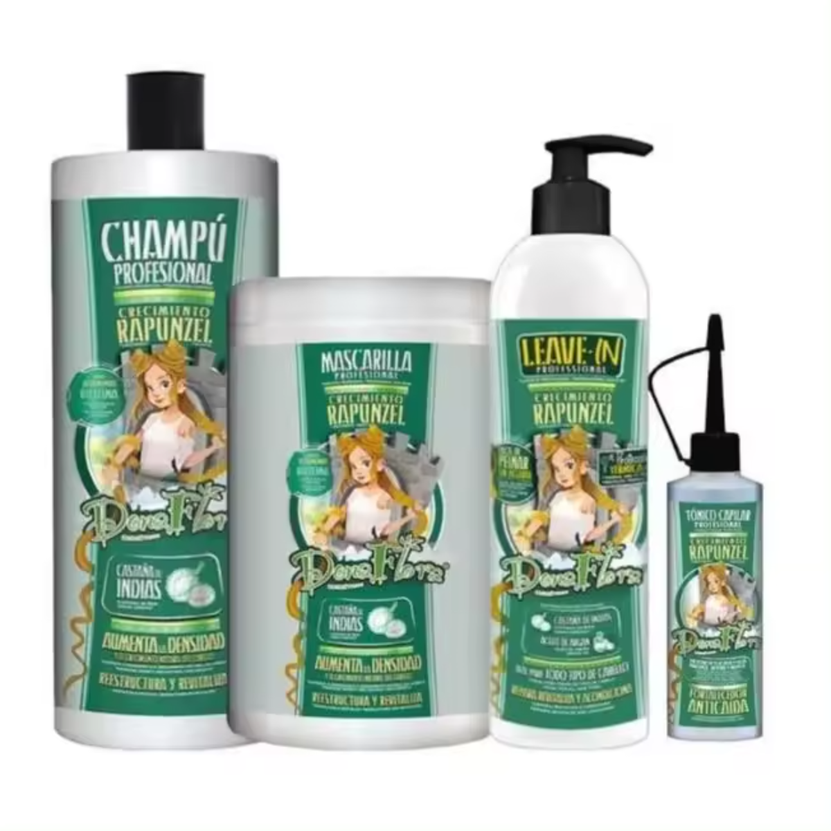 Dona Flora Casasofia - Pack Promocional Dona Flora Rapunzel - Champu 1000ml, Mascarilla 1000ml, Leave-in 500ml y Tonico 70ml