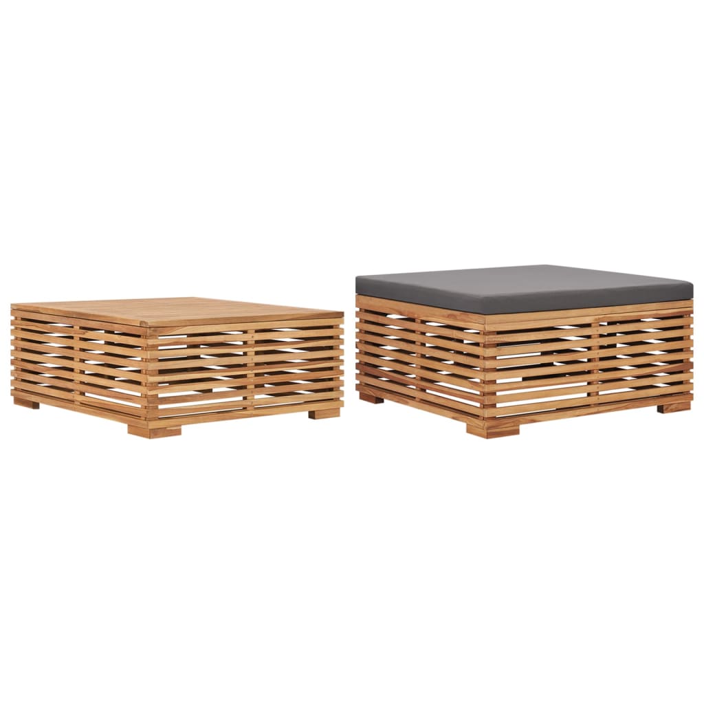 vidaXL Set de mesa reposapiés de jardín cojín gris oscuro madera teca