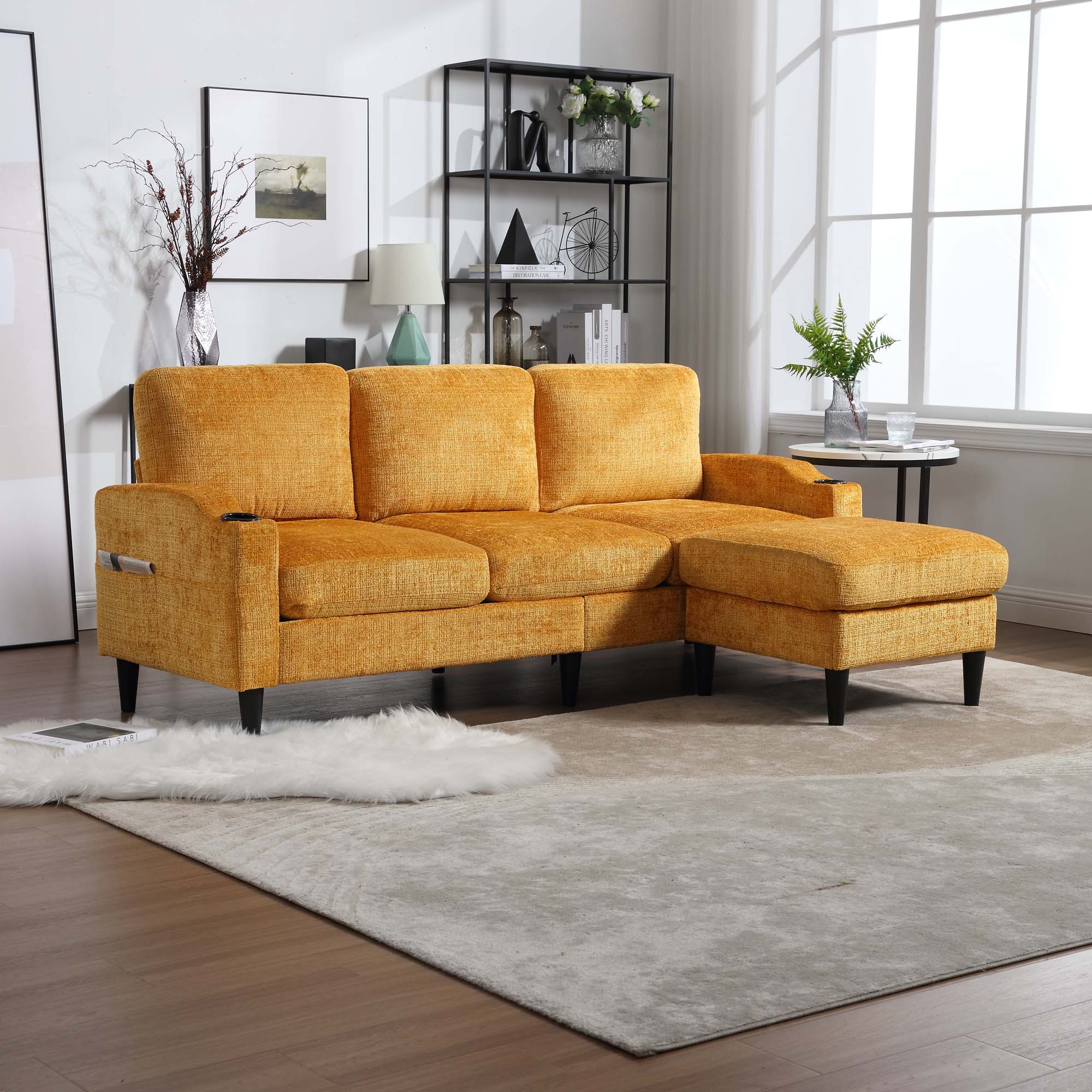 Canapé 4 places jaune en chenille avec pouf de rangement, porte-gobelets et poches latérales