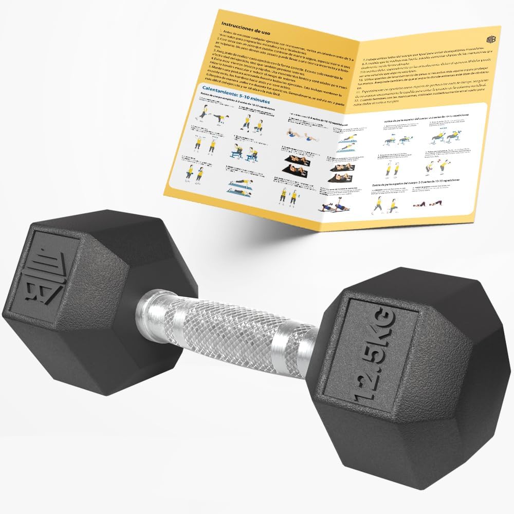 Mancuernas hexagonales de caucho profesional 10 kg, 15 kg, 20 kg, 25 kg y 30 kg - pesas antideslizantes con agarre ergonómico y barra cromada para gimnasio, fitness y musculación. MANIBOOM