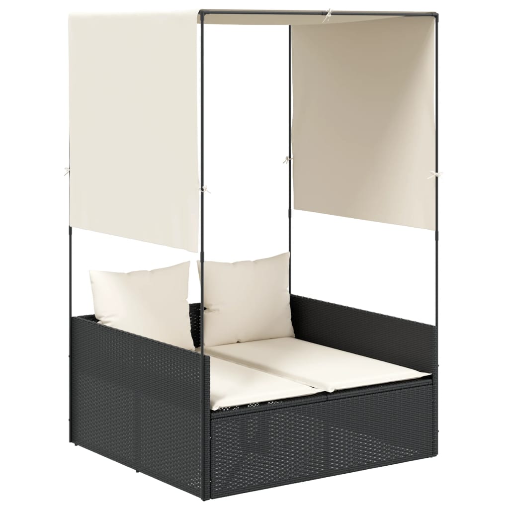 Tumbona Doble Vidaxl con Techo y Cortinas Ratán Sintético Negro