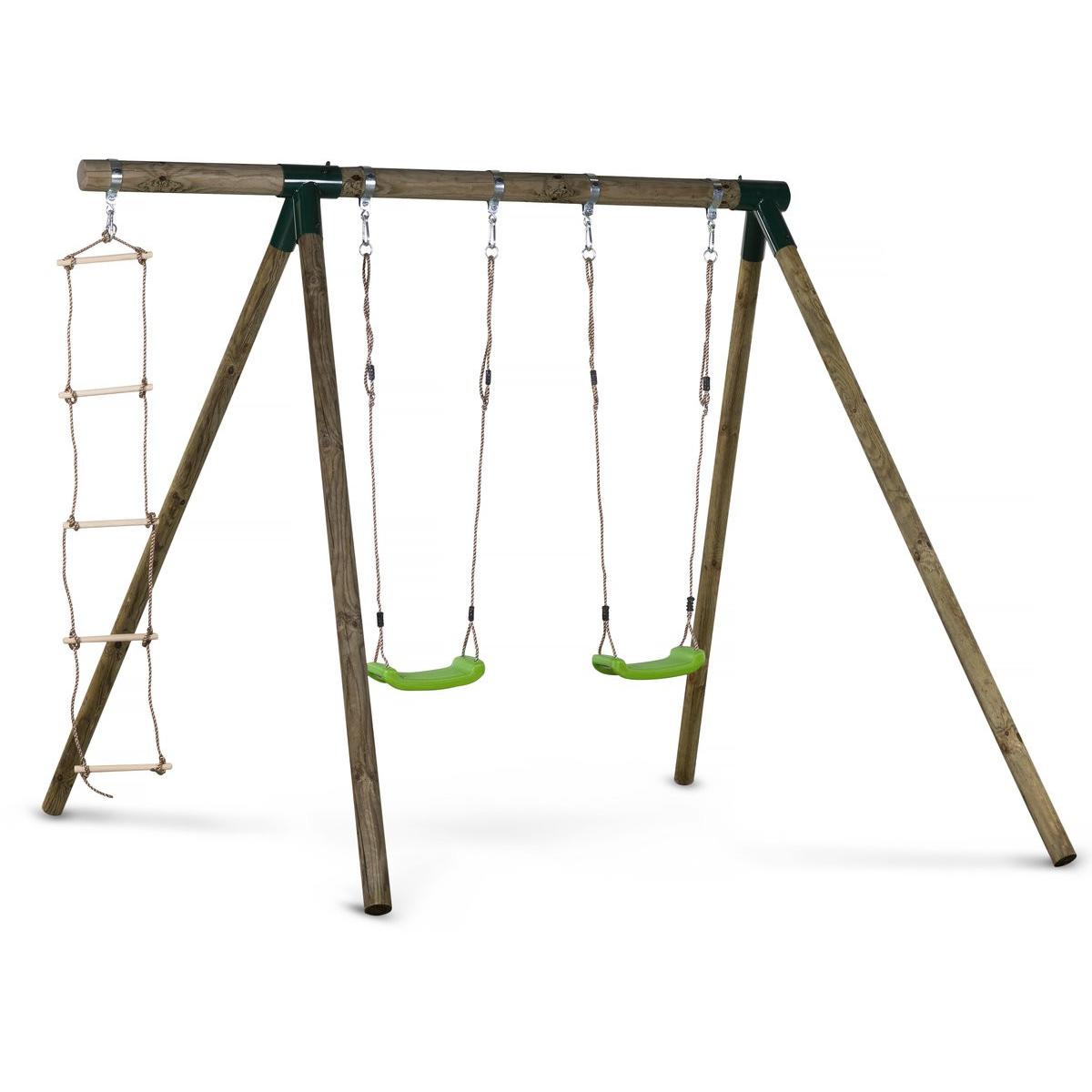Habitat y Jardin - Columpio de madera "Timo" - Con 2 columpios y 1 escalera de cuerda