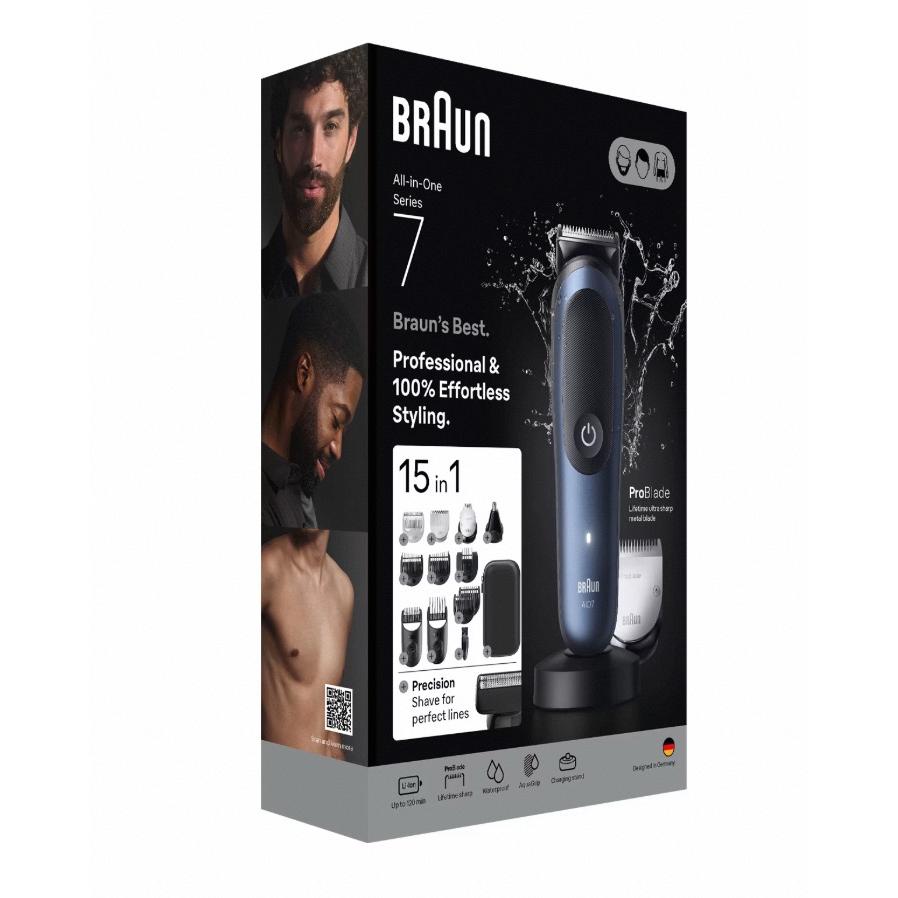 Braun Cortapelos All-in-One Series 7, cuchilla ProBlade, tecnología AutoSense, 120 minutos de autonomía, protección SkinGuard, degradado de barba, mango AquaGrip sumergible