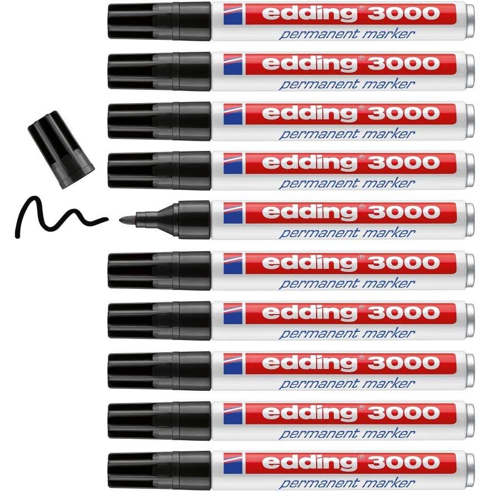 Edding 3000 marcador permanente Negro,Rojo,Azul,Verde,Amarillo,Naranja - 10 rotuladores - punta redonda 1,5-3 mm - indeleble de secado rápido - resistente al agua y a los borrones - cartón, plástico, madera, metal - universal calidad garantizada