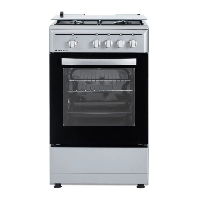 Aspes - Cocina a gas de 50 cm con 4 quemadores para butano modelo AKG4501X en acero inoxidable, ideal para cocinas modernas y familias, horno integrado de gran capacidad y diseño profesional