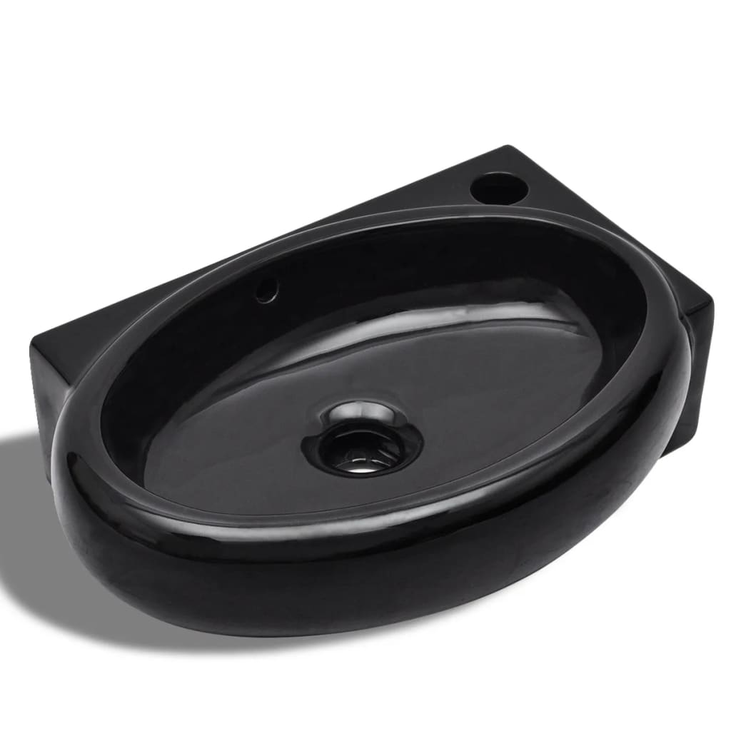 vidaXL Lavabo redondo de cerámica con orificio de grifo/desagüe negro