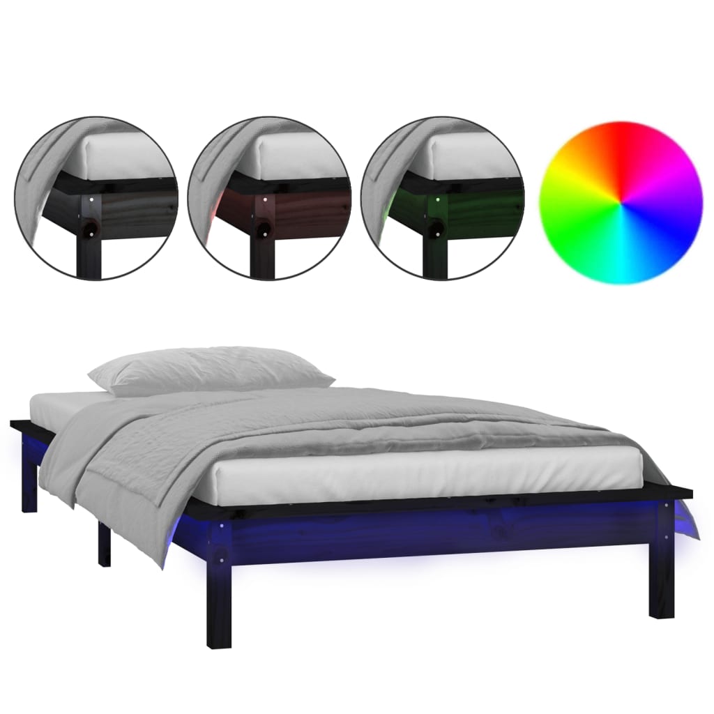 vidaXL Estructura de cama con LED madera maciza negra 75x190 cm