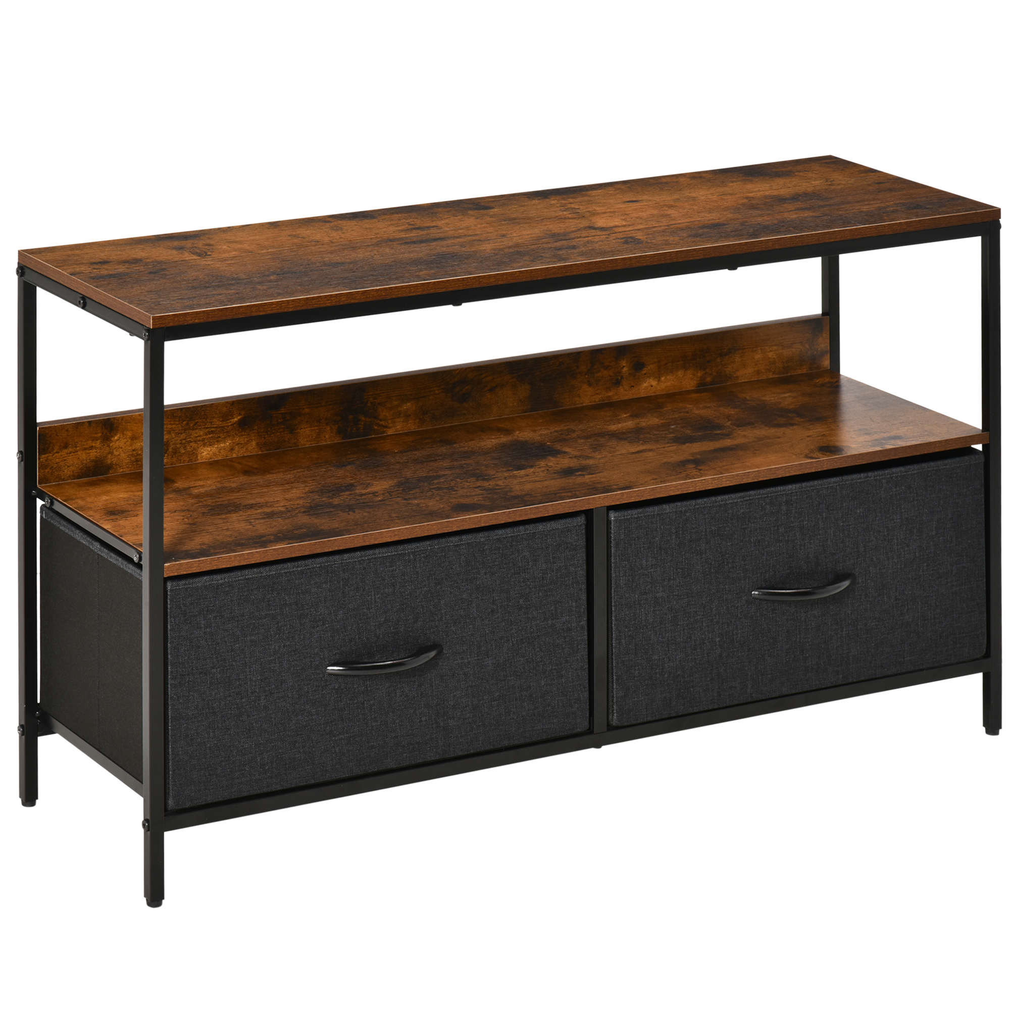 HOMCOM Mueble de TV, Mesa de TV con Estante y 2 Cajones de Tela Plegables, para Televisores hasta 47 Pulgadas, Largo de 98 cm, para Salón, Dormitorio, Marrón Rústico y Negro