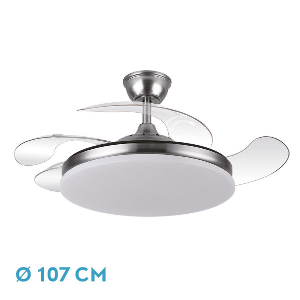 Ventilador dc tridente 59w niquel 4aspas desp.107d 6980lm reg.intensidad remoto+temporizador+memoria 3000-4000-6000k