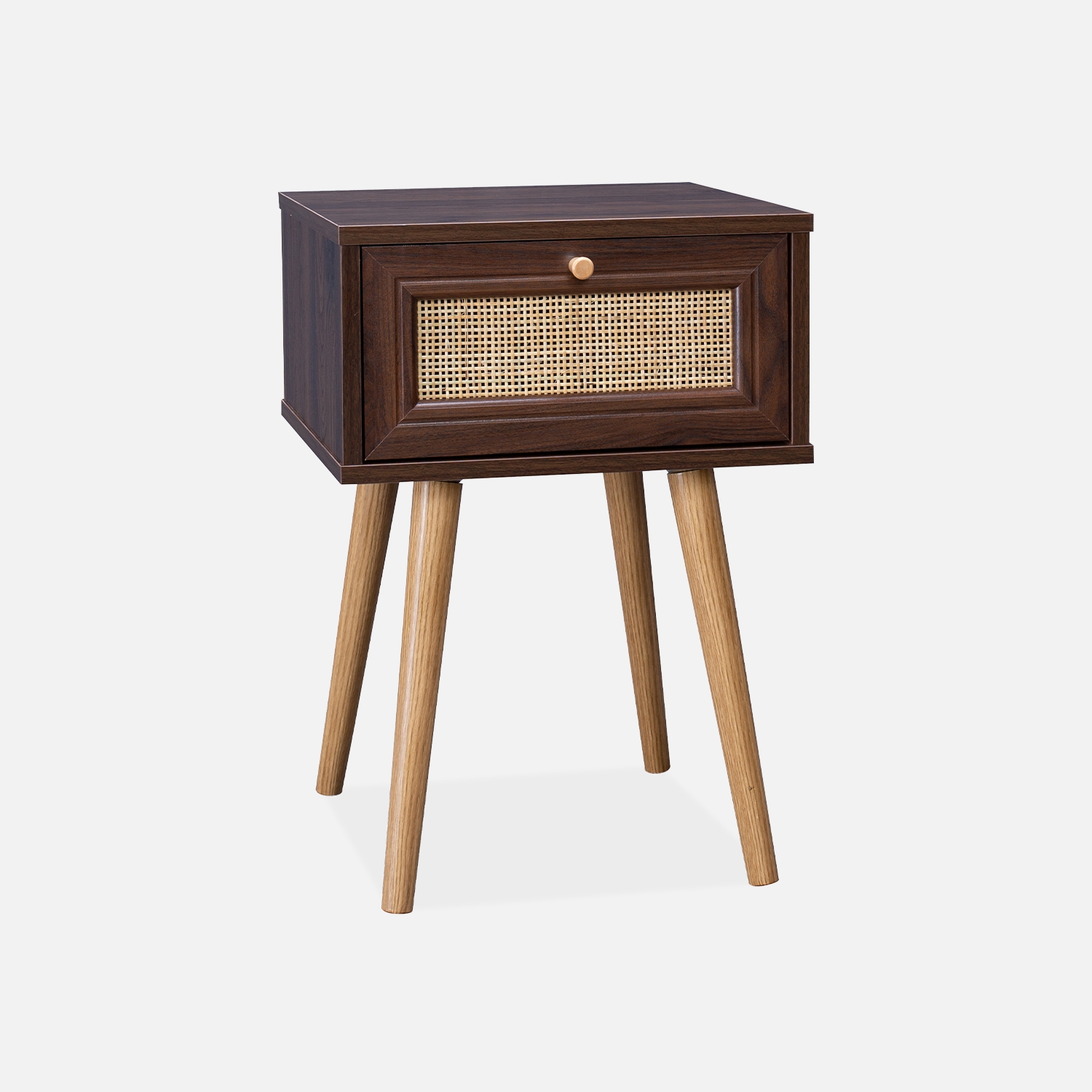 sweeek - Mesita de noche de 1 cajón con efecto madera y caña , Boheme , 39x39x55