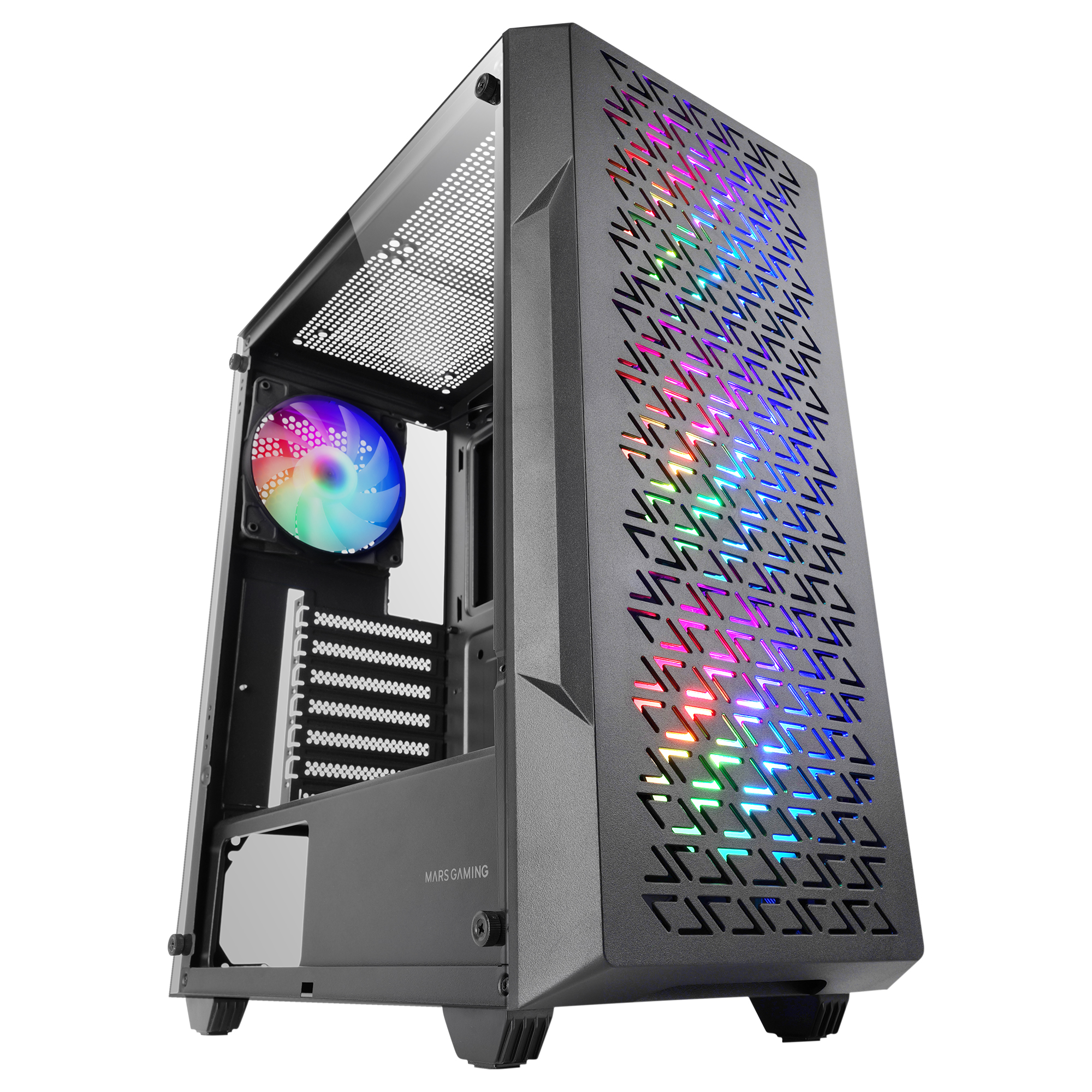 Mars Gaming MC-GEO, Caja Gaming ATX, 4x Ventiladores FRGB Rainbow 12cm, Panel Frontal Mesh Geométrico, Ventana Lateral Cristal Templado, Semitorre PC Doble Cámara, Soporte Refrigeración Líquida, Caja PC Negra o Blanca