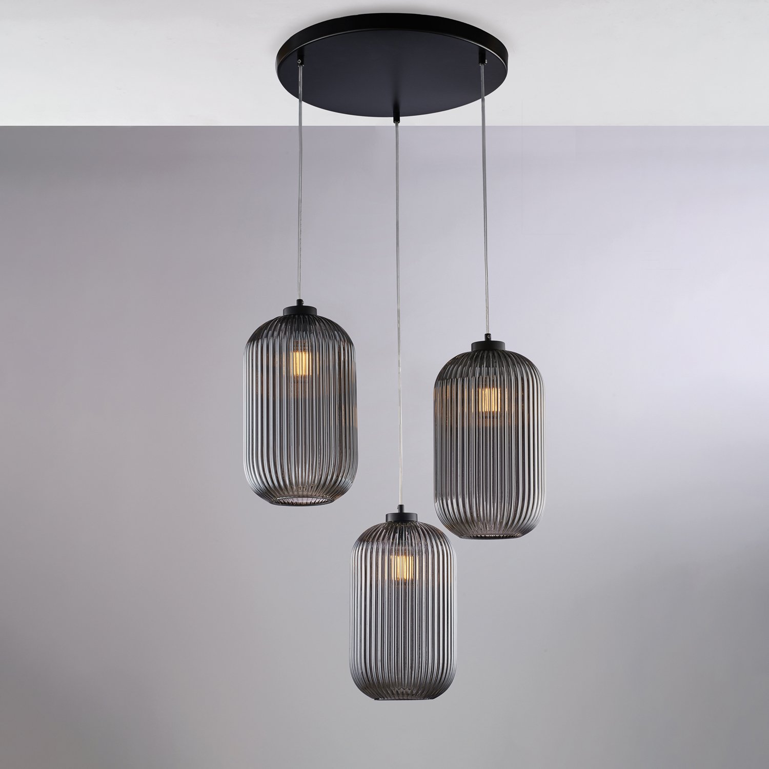 Suspensión 3 Luces Krizia Hierro Negro Gris Cristal Efecto Espejo