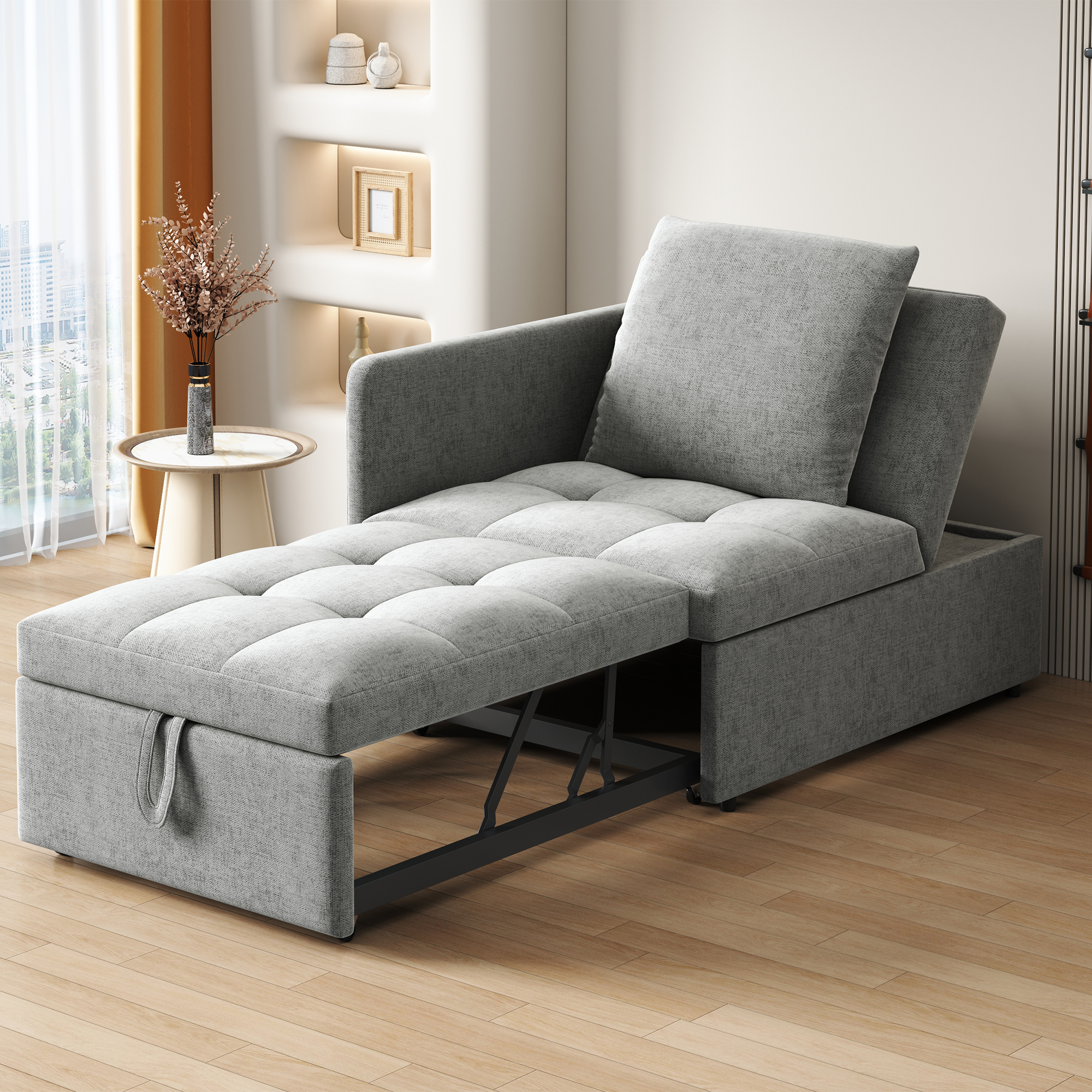 Canapé convertible 2 places gris 3-en-1 en tissu lin avec dossier réglable et coussin