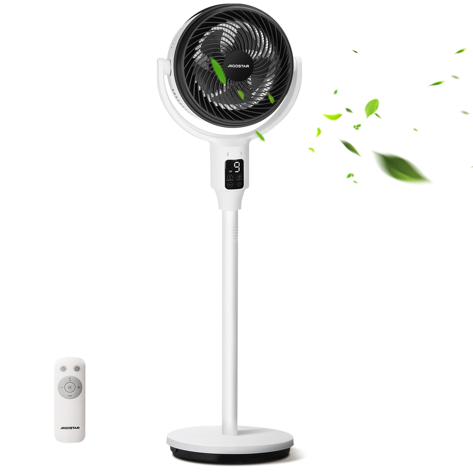 Aigostar Ventilador de Pie con Mando a Distancia, Temporizador 9h, 24W, Oscilante 135°, 9 Velocidades, 3 Modos, Altura Ajustable (61/109 cm). Silencioso, Pantalla LED