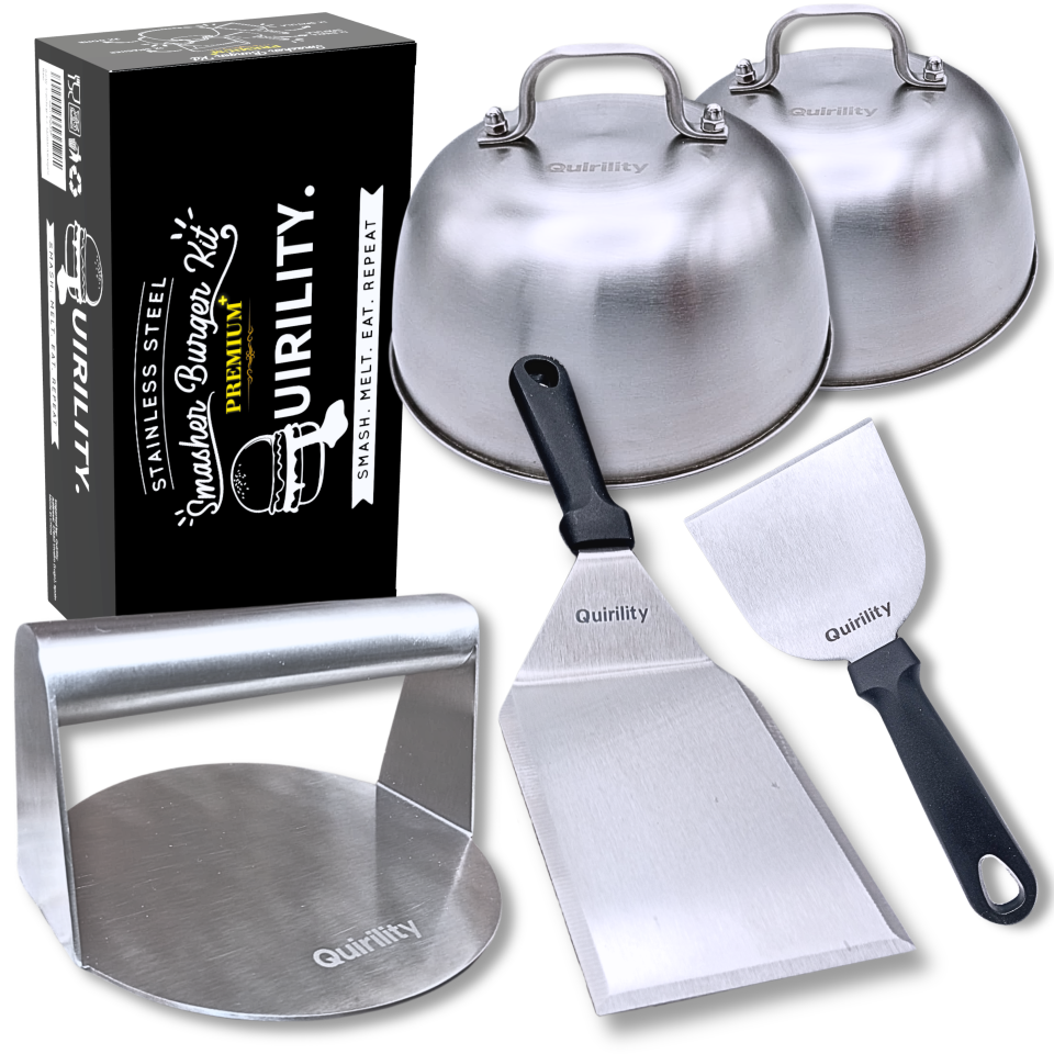 QUIRILITY® | Smash Burger Kit Profesional Premium de Acero Inoxidable con Certificado EU Contacto con Alimentos, Smasher Hamburguesa, Aplastador Hamburguesa, Prensa Smash Burger, Smasher Hamburguesa