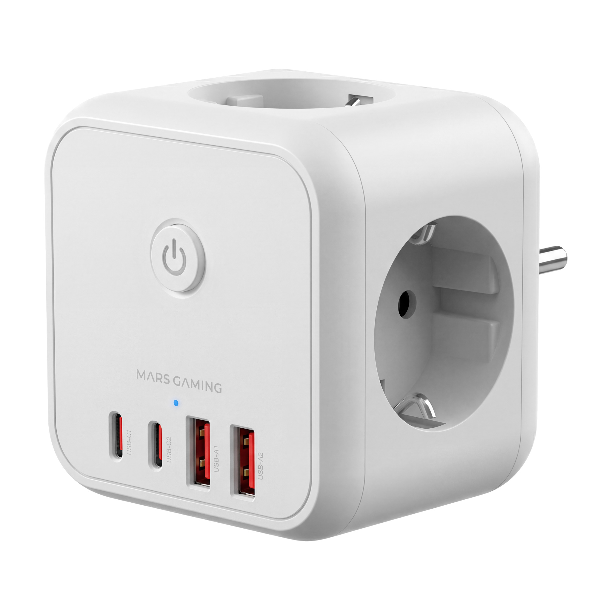 Mars Gaming MD-CUBE20, PowerCube Multifunción Compacto, 3 Enchufes SCHUKO + 2 USB-C + 2 USB-A, Carga Rápida PD 20W, Tecnología GaN, Botón ON/OFF con LED, 9 Protecciones, Enchufe Europeo Tipo F, Negro o Blanco
