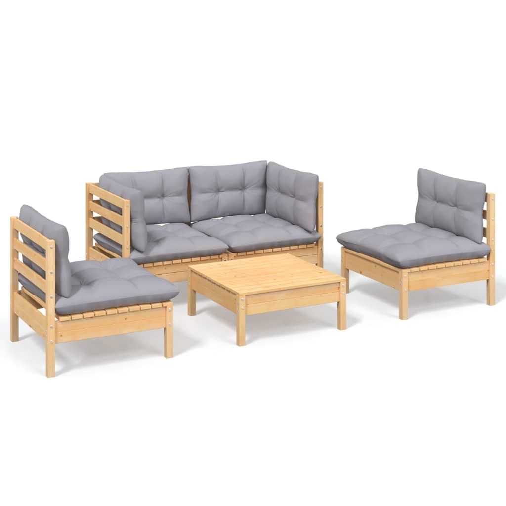 vidaXL Juego de muebles de jardín 5 pzas y cojines madera maciza pino