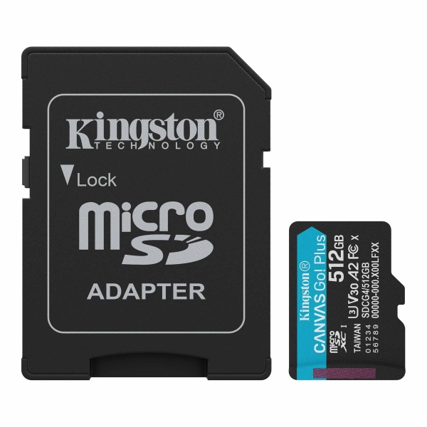 Kingston tarjeta micro sdxc 512gb uhs-i u3 v30 clase 10 200mb/s canvas go plus con adaptador