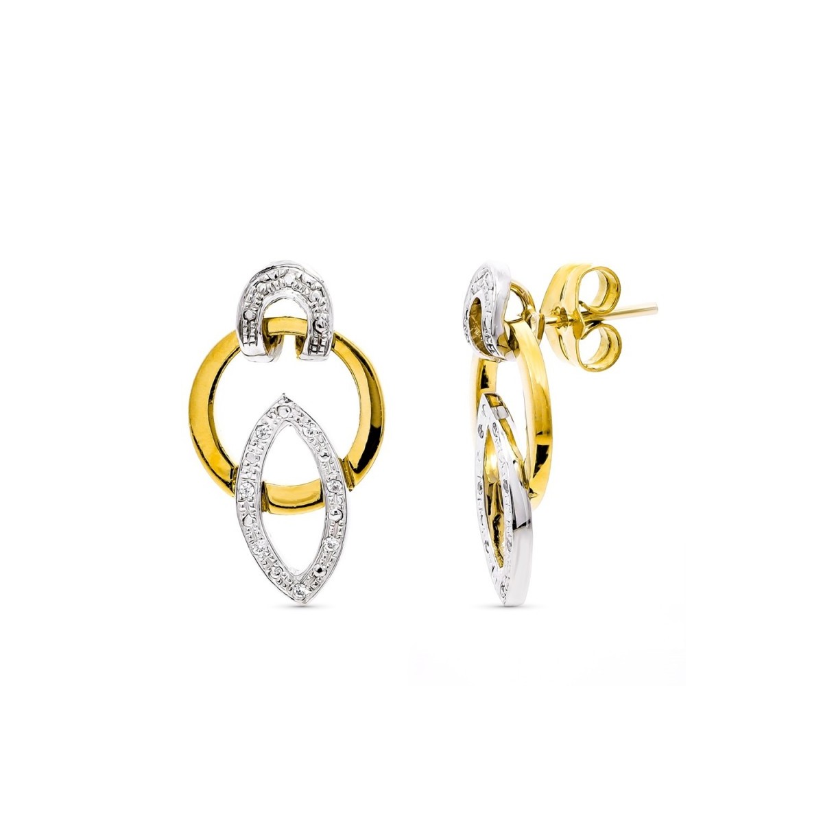 Pendientes oro bicolor 18k mujer largos 20 mm. formas ovaladas caladas combinadas círculo presión