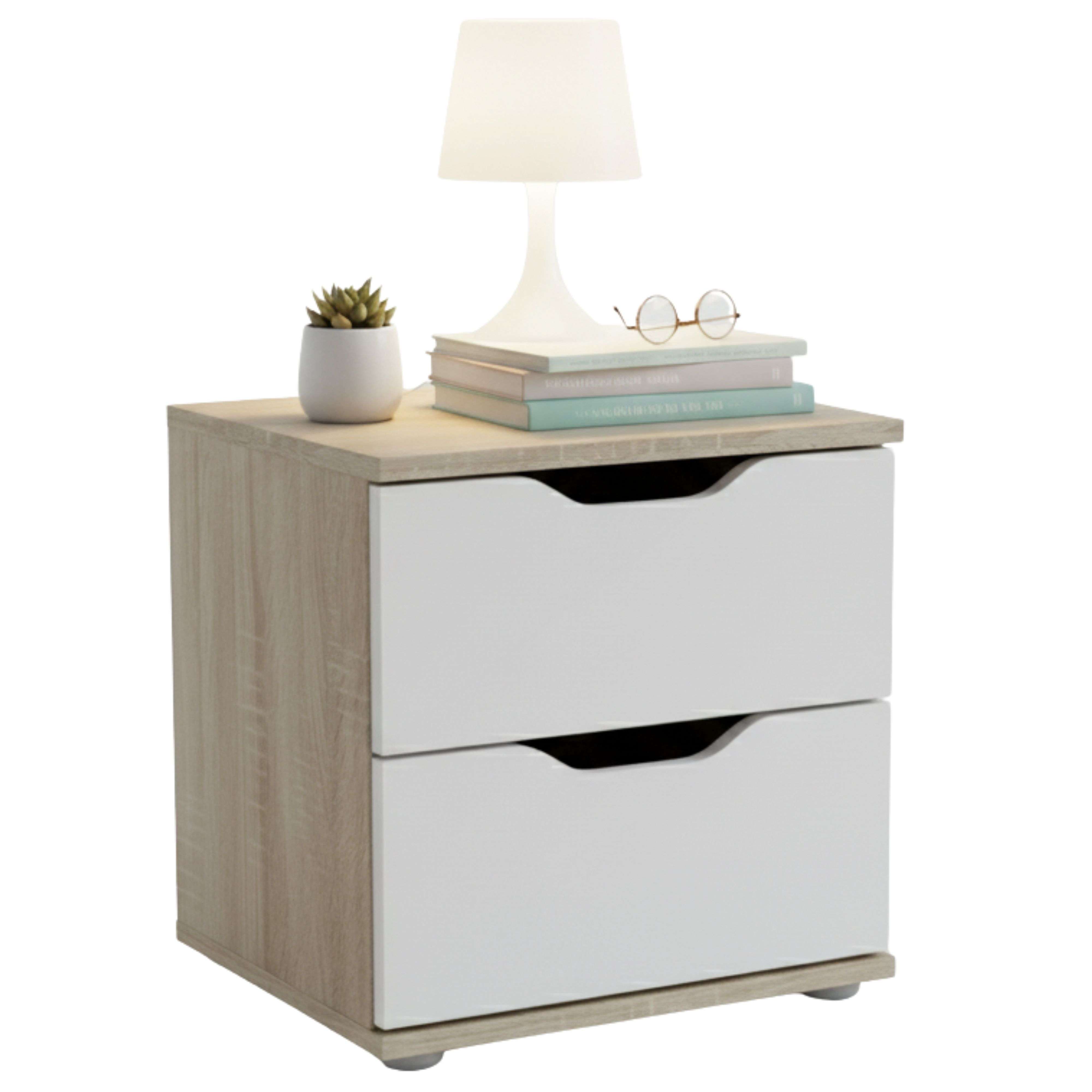 Miroytengo Mesita de noche, Mesilla de noche, Mesa Dormitorio 2 Cajones Parc Roble Sonoma y Blanco 40x42x35 cm