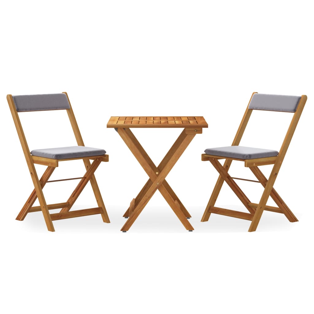 vidaXL Mesa y sillas plegables terraza 3 pzas y cojines madera acacia