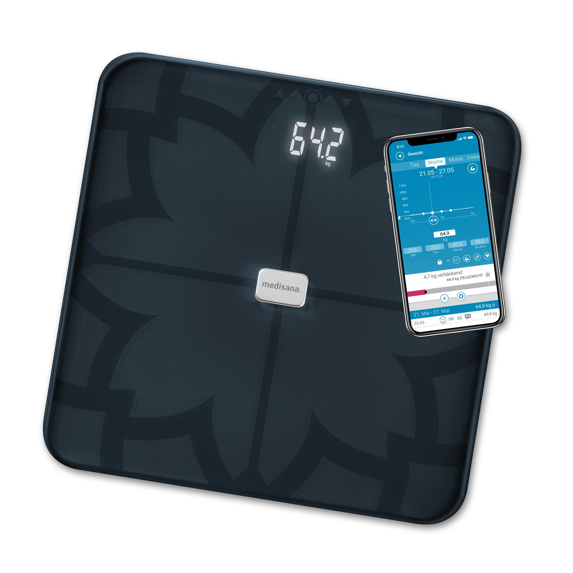 medisana BS 450 connect | Báscula de composición corporal con Bluetooth, IMC, BMR y pantalla LED invisible