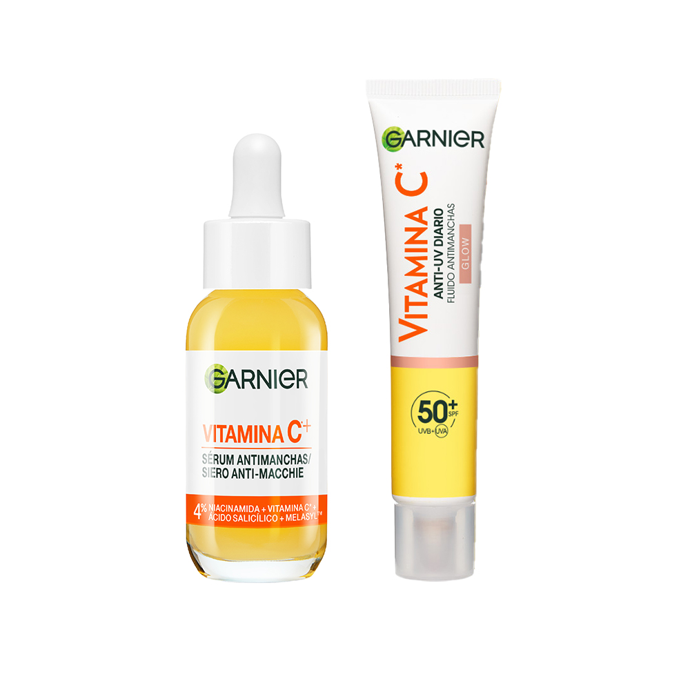 GARNIER | PACK Sérum Anti Manchas con Vitamina C_ Niacinamida y Ácido salicílico. Reduce un 43% la intensidad de las manchas oscuras 30ml +  Garnier Vitamina C Fluido Antimanchas Anti-UV Diario Efecto Glow FPS50+_ 40 ml