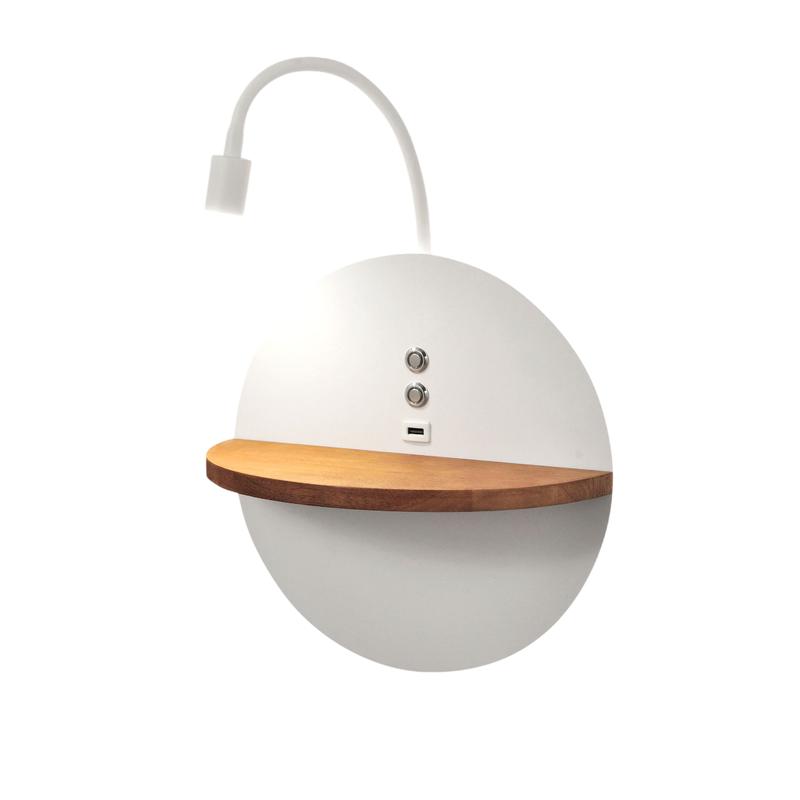 Dual - Aplique de pared con estante y luz LED 15W Fabas Luce Touch dimmer - Blanco mate con USB integrado en madera