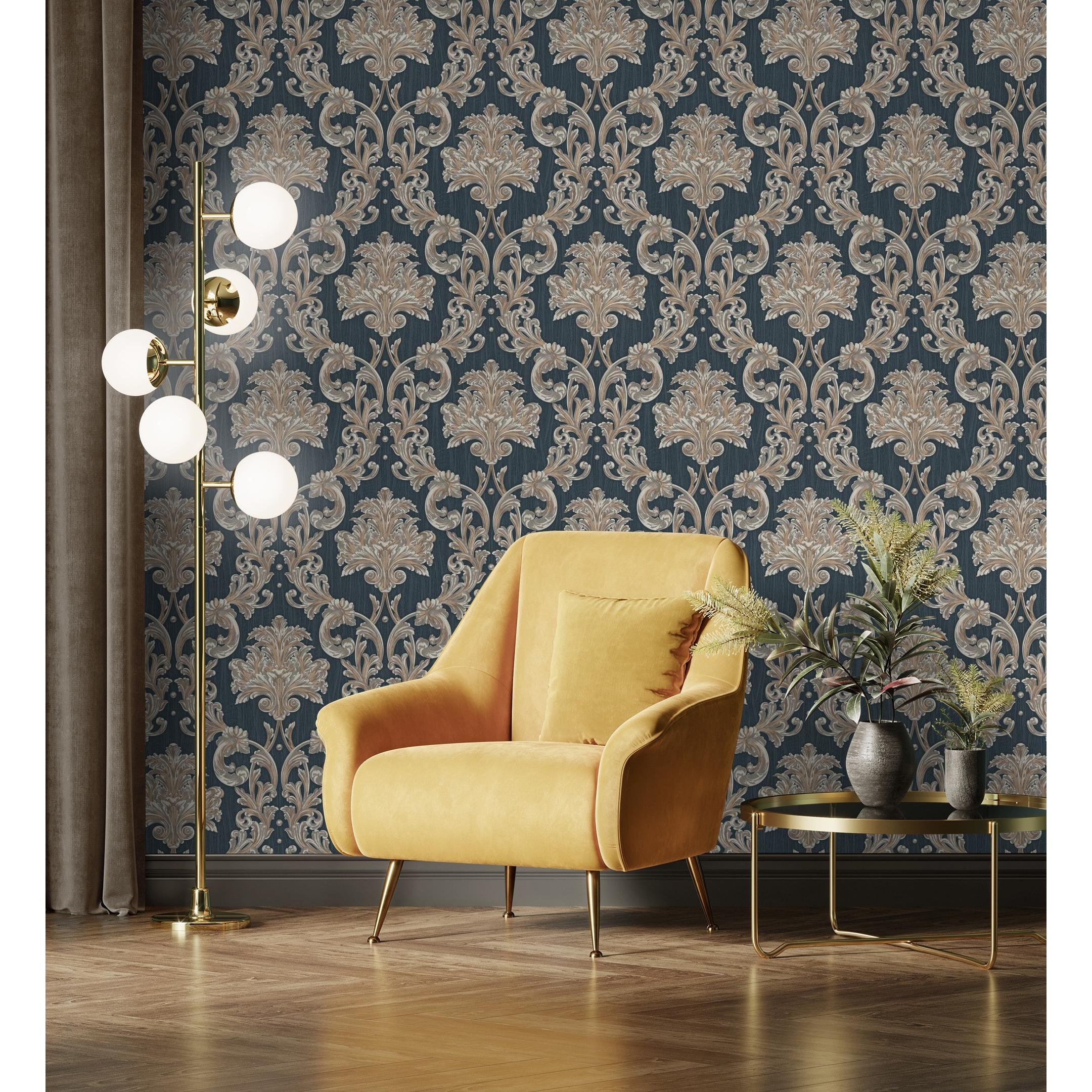 Papel pintado vinílico damasco clásico azul efecto textura de tela tejida en relieve - Bizans Damask 676879 de GAULAN - Rollo de 10 m x 1,06 m