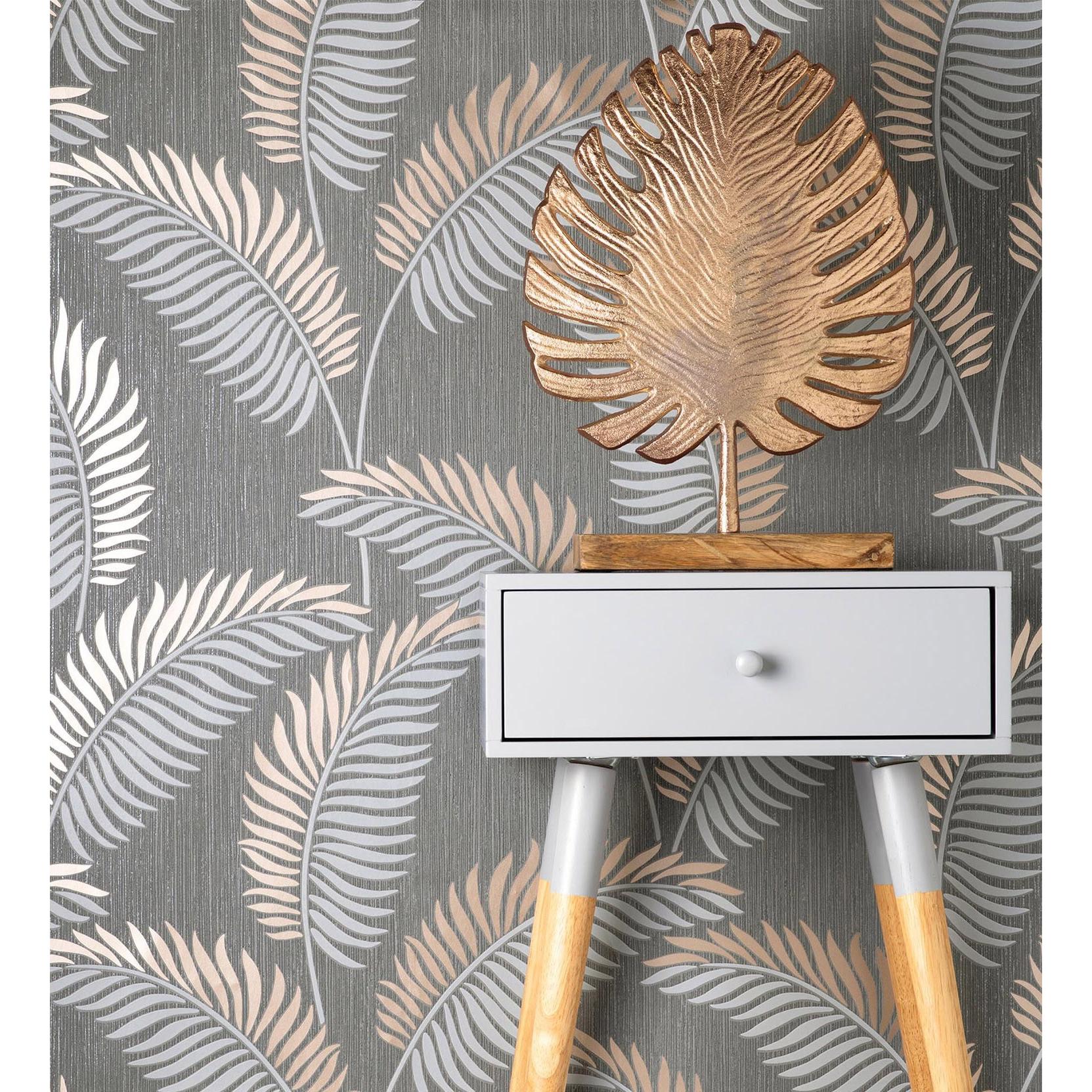 Papel pintado vinílico lavable tropical de hojas en relieve y detalles metalizados - Alan Palmer 681288 de GAULAN - Rollo de 10 m x 0,53 m