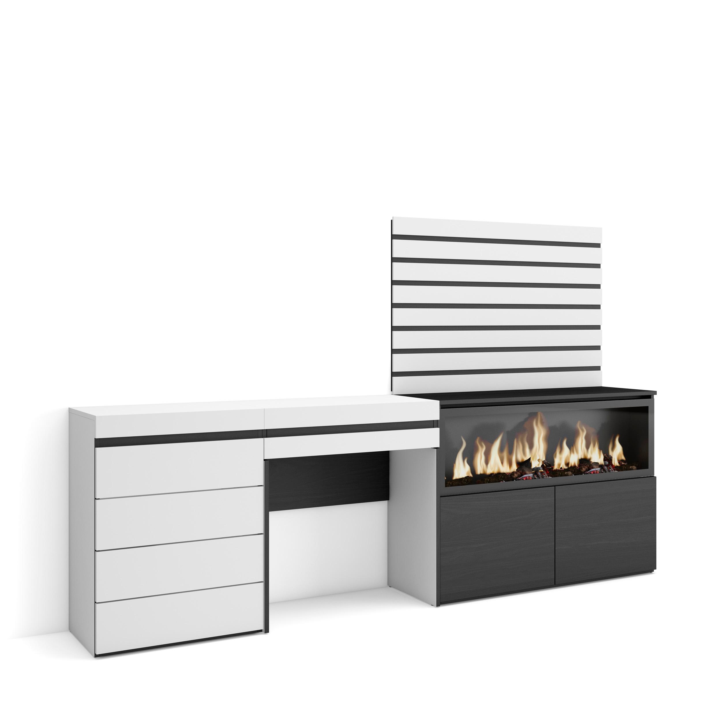 Skraut Home, Tocador con cajón, 234x35x145cm, Chimenea XXL led, Módulo 2 puertas, Módulo cuatro cajones, Listones