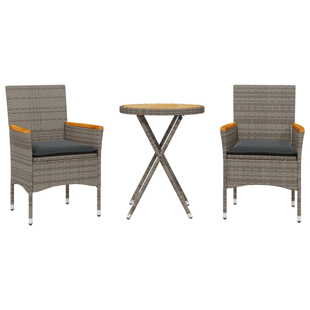 vidaXL Mesita y sillas con cojines 3 pzas ratán sintético acacia en color Gris/Negro | cómodas modernas ergonómicas para comedor cocina salón hogar