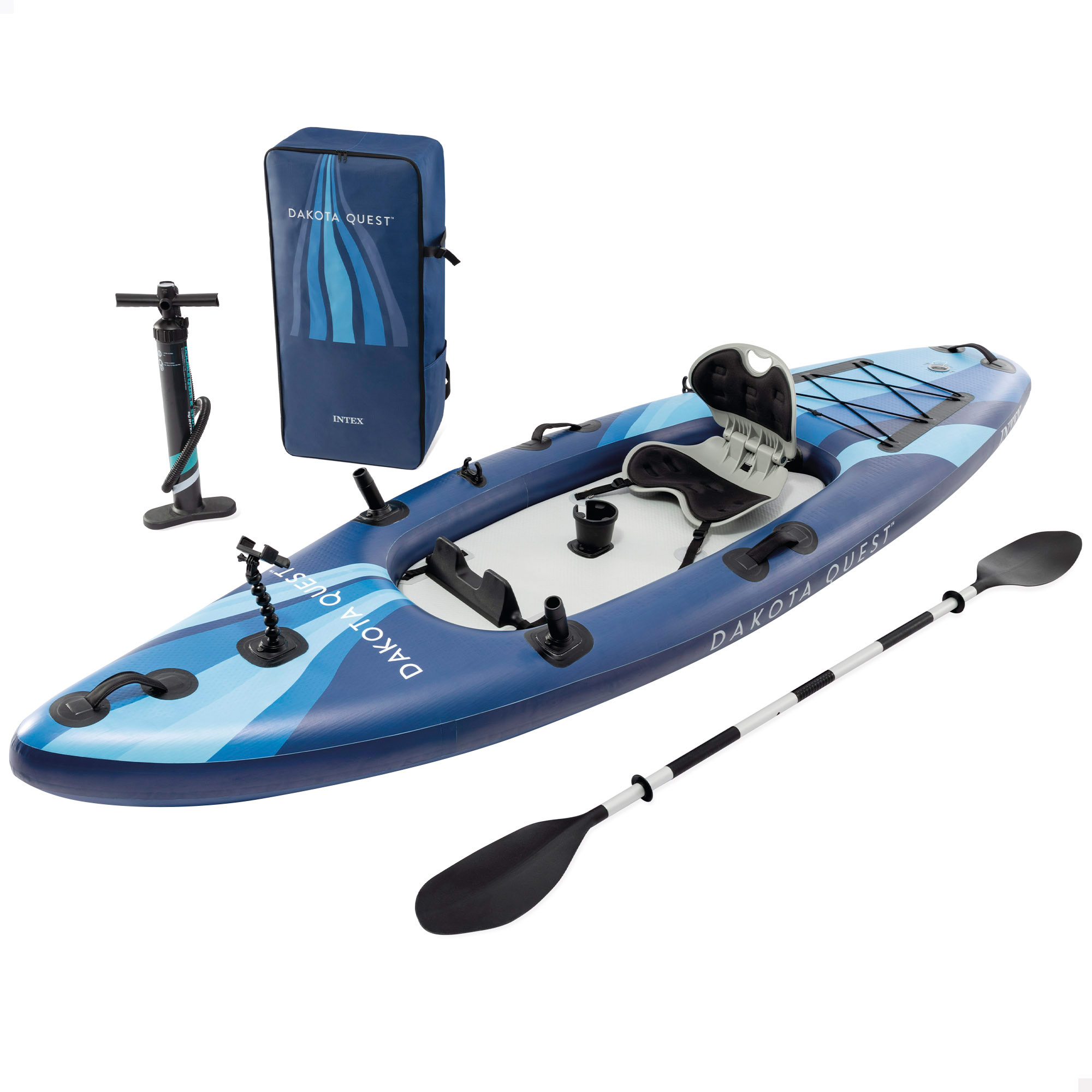 INTEX - Kayak hinchable pesca o recreo, modelo Dakota Quest, medidas 320x89x20 cm, nivel intermedio/avanzado, kayak hinchable 1 plaza, peso máx. 160 kg, base antideslizante, incluye bomba inflado, mochila transporte, remo ajustable, soporte móvil