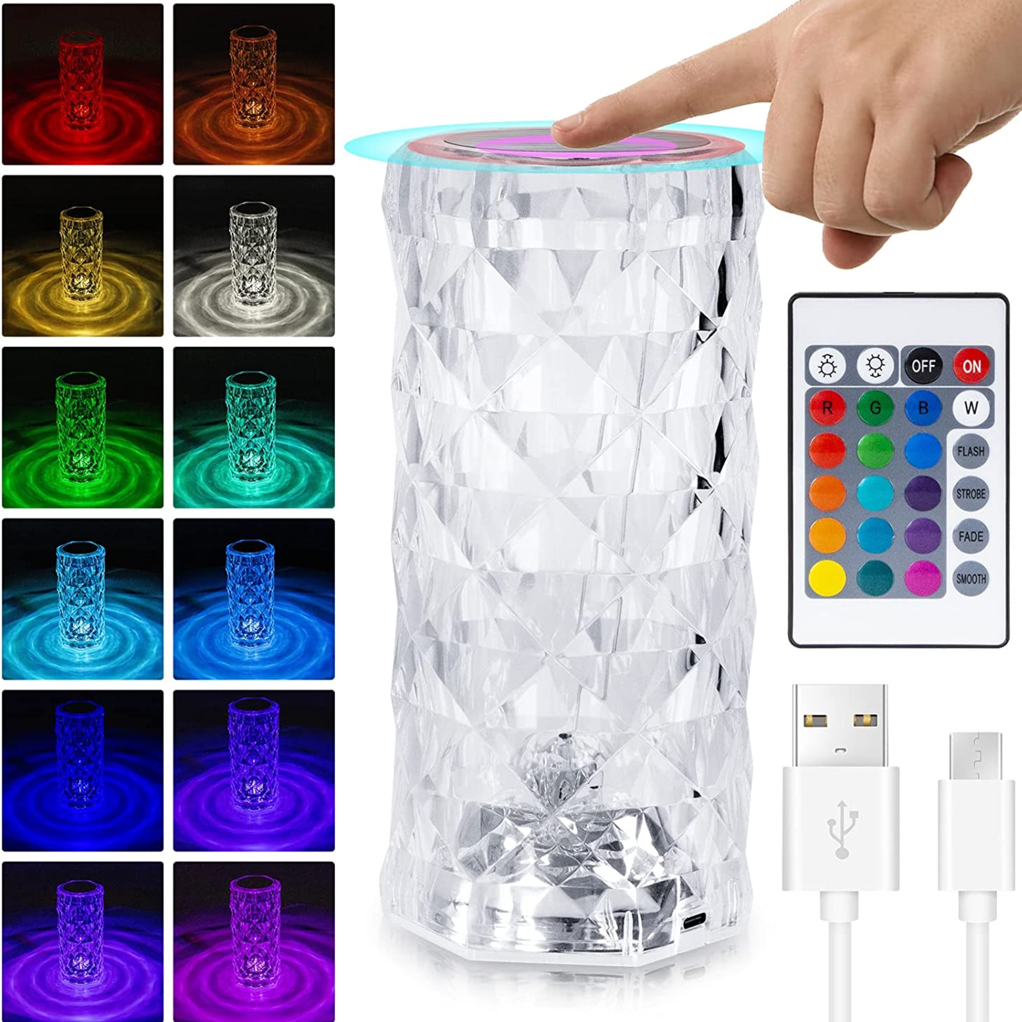 MAGIC SELECT Lámpara de Mesa de Cristal RGB de 16 Colores, LED Acrílico de Diamante Táctil, 4 Modos de Luz, Recargable con Control Remoto. Luz de Ambiente Portátil para Dormitorio, Fiesta, Estudio, Pasillo.