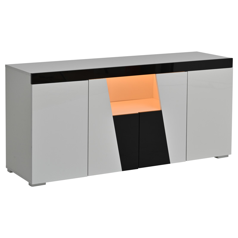 Buffet moderne blanc et noir 140 cm avec quatre portes, rangements réglables et éclairage LED