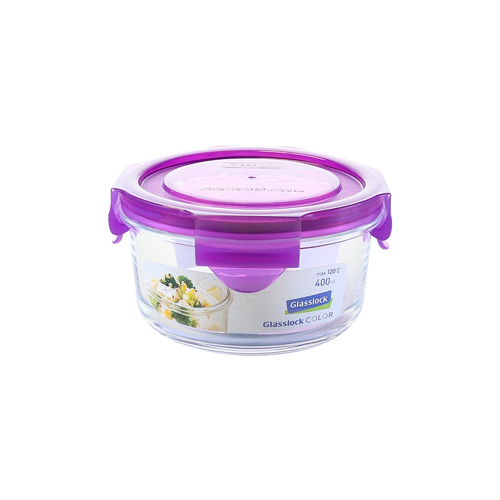 Glasslock Classic - Recipiente Hermético Redondo de 0.4L en Vidrio Templado. Morado