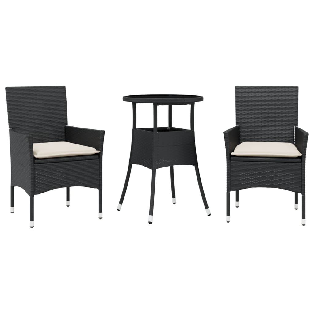 vidaXL Set comedor jardín 3 pzas cojines ratán sintético vidrio negro