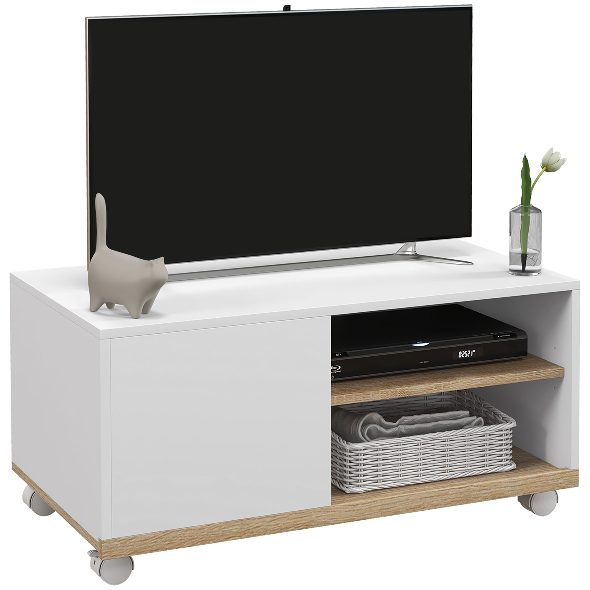HOMCOM Mueble de TV con Ruedas, Mesa de TV Móvil, Mueble para Televisión hasta 42 Pulgadas, con 1 Puerta, 2 Compartimentos Abiertos, Estante Ajustable, para Salón, Comedor, Dormitorio, Blanco