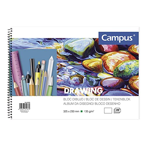 Campus - Bloc de Dibujo A4 Cuaderno de Bocetos con Espiral 20 Hojas 135 Gramos en Blanco para Carboncillo, Lápiz, Ceras o Pastel - Alta Calidad
