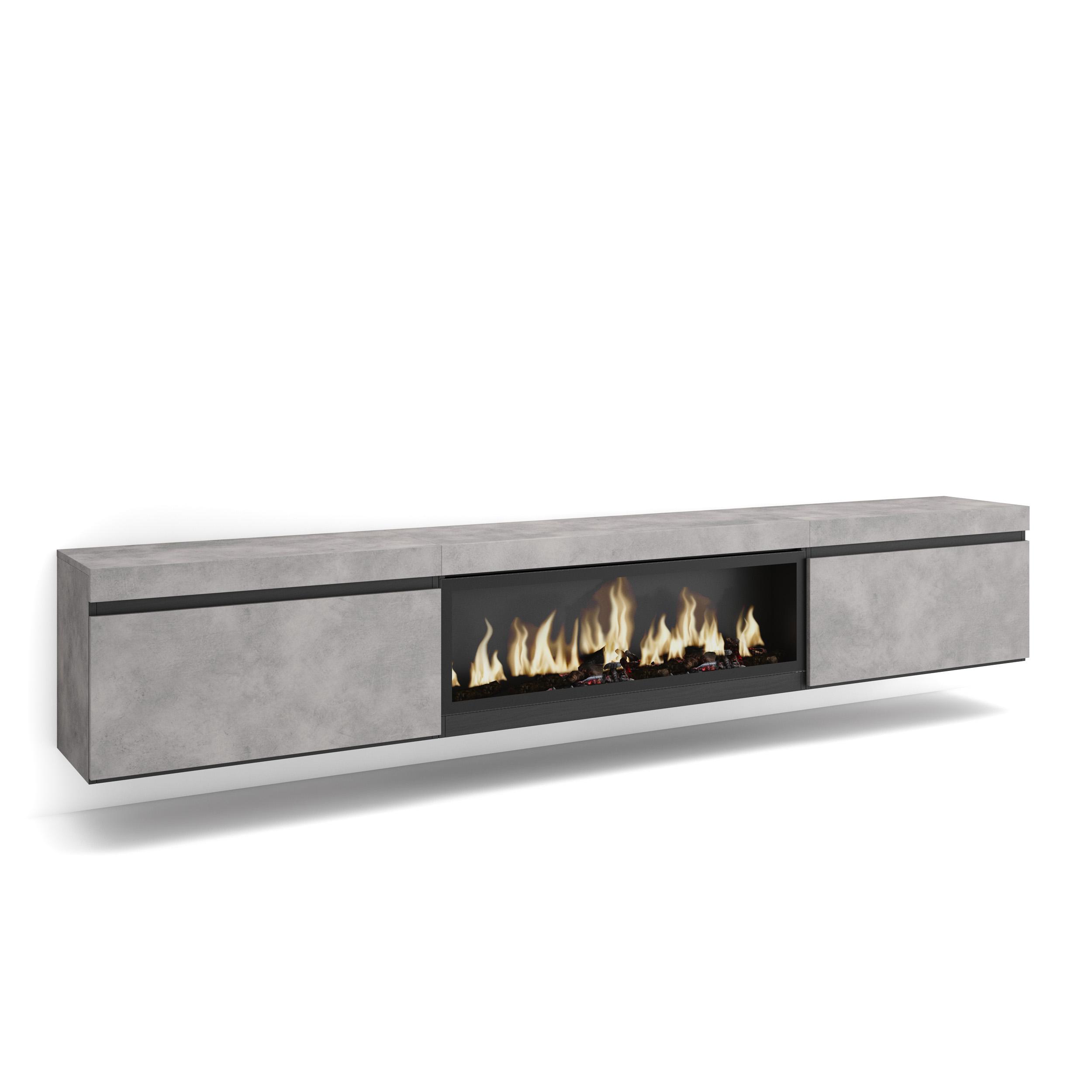 Skraut Home, Mueble TV, Muebles de salón con dos puertas para almacenaje, 267x35x45cm, Chimenea eléctrica XXL led efecto fuego 3d, Colgado