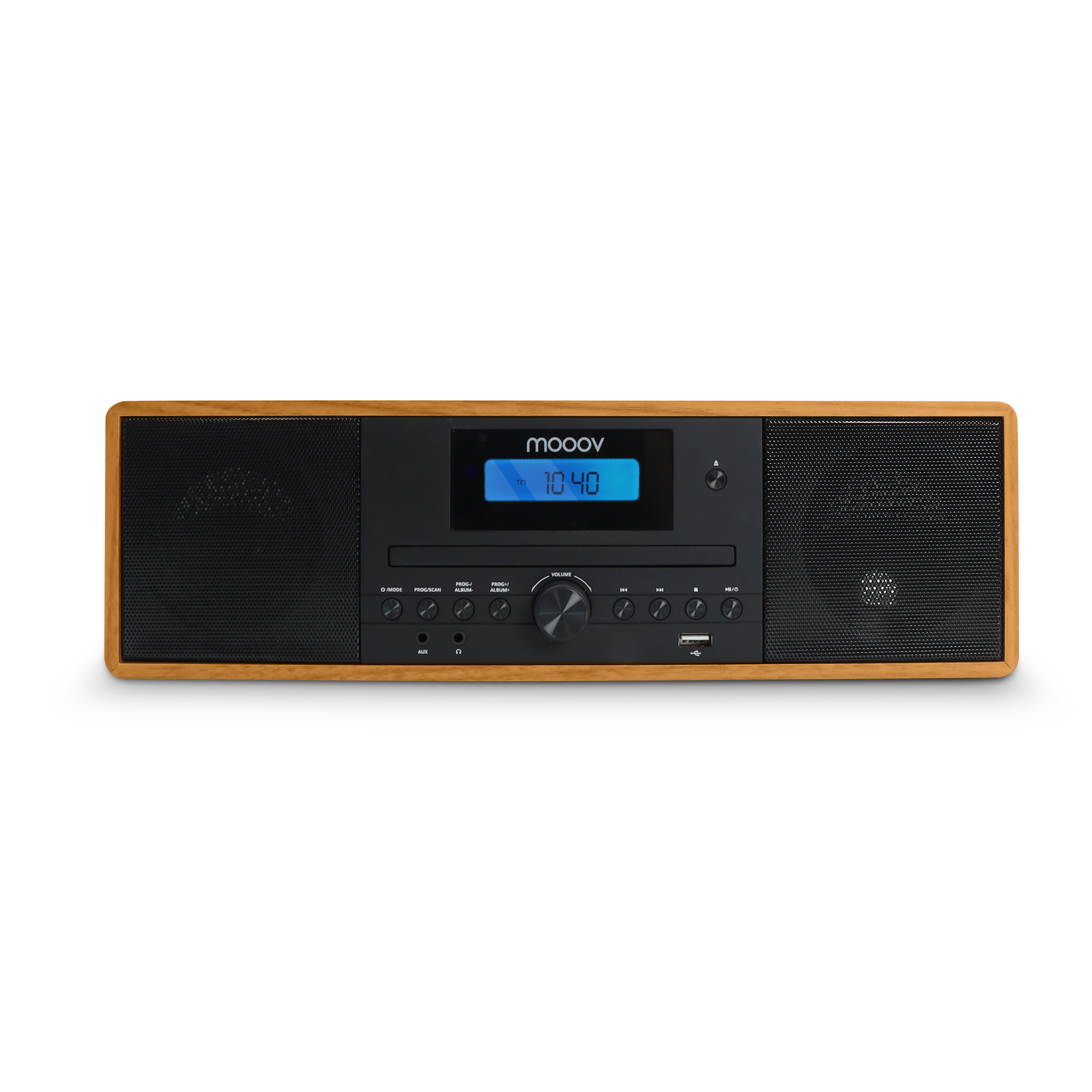 Mooov- Microcadena todo en uno con reproductor de CD, radio FM, USB y salida RCA, diseño negro con efecto madera, 50 W, 2 alarmas independientes, 4 modos despertador