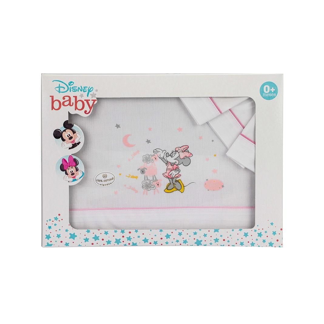 Disney - Juego de sábanas cuna Minnie Mouse 100% algodón 3 PIEZAS Blanco Rosa Original (encimera, bajera y funda de almohada)