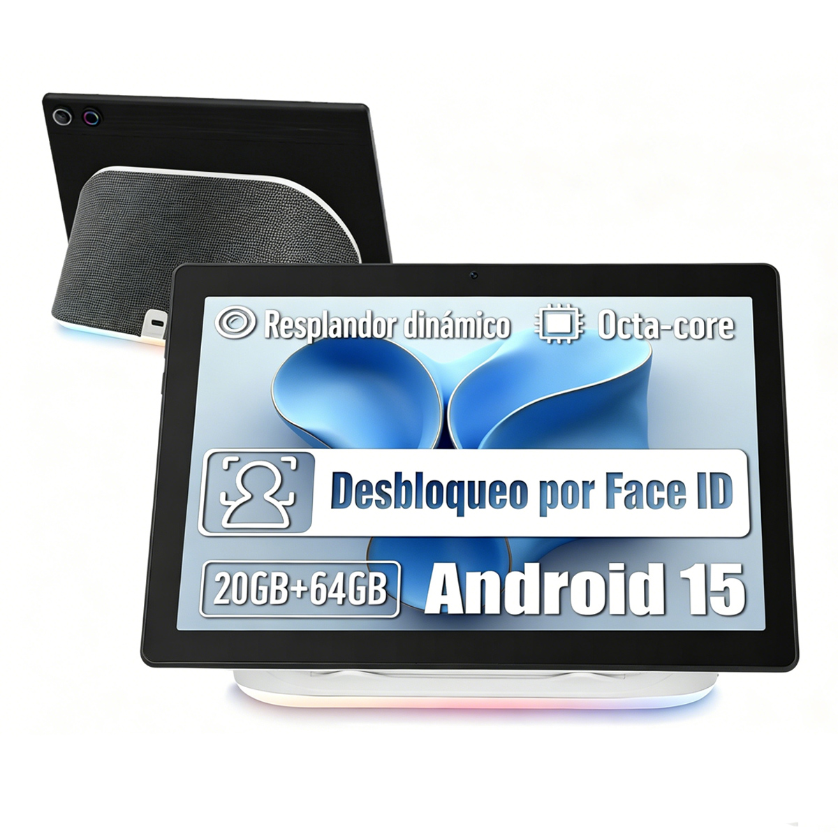 JENBIZZ A10PRO Tableta Altavoz Bluetooth, batería 5000mAh, Incluye kit de tablet y altavoz,rocesador Octa-Core A523, 20GB + 64GB + 1TB (ampliable), Android 15, audio estéreo con IA, pantalla de 10.1 pulgadas, resolución 1280×800, ángulo de visión amplio