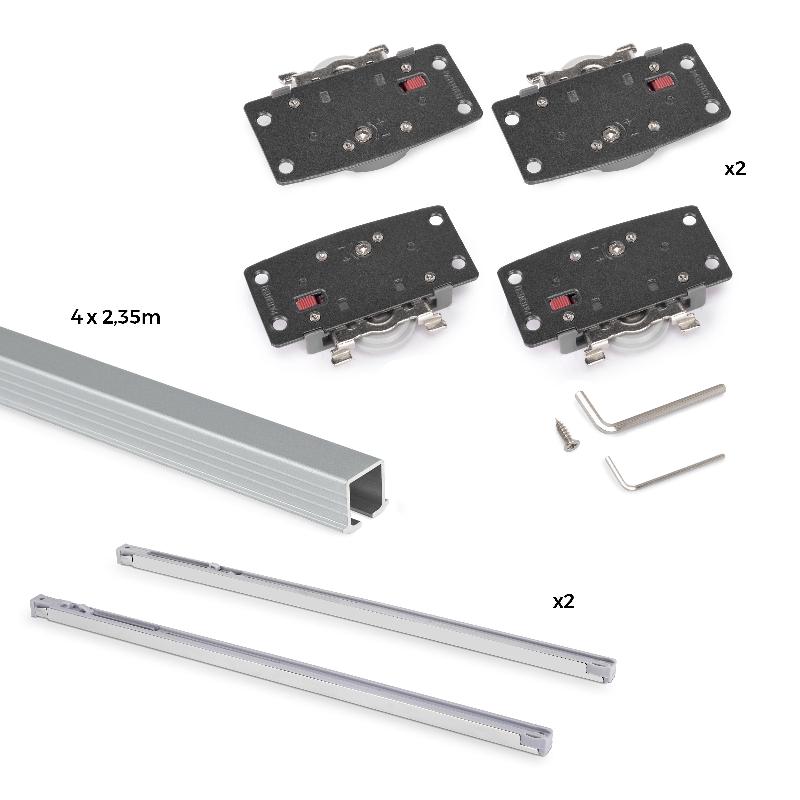Kit de herrajes para armario 2 puertas correderas y cierre suave flow2 con carriles encastrados 2.35m, tableros no incluidos, anodizado mate