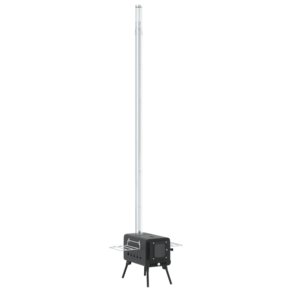 vidaXL Estufa leña de tienda con chimenea patas plegables acero negro