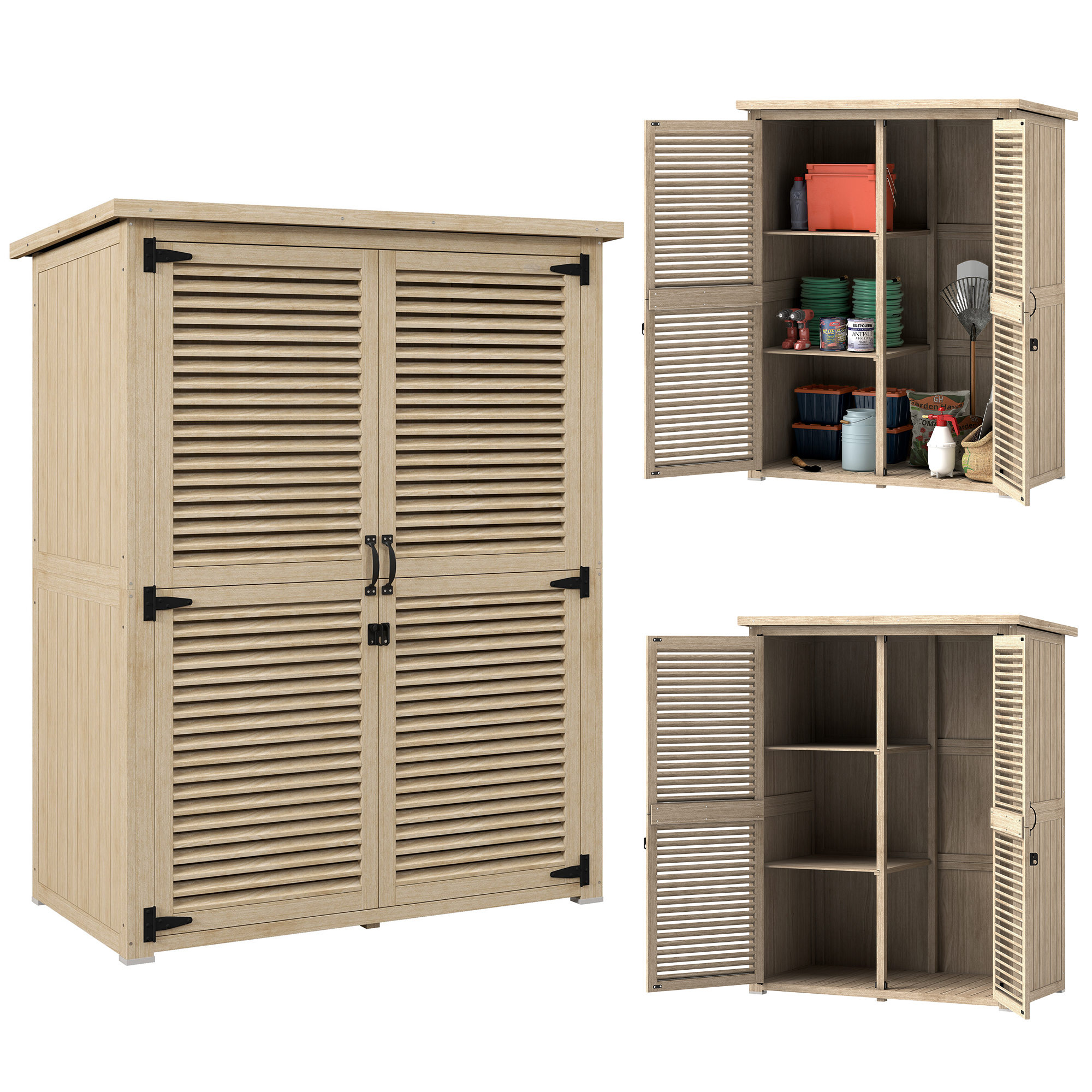 Outsunny Caseta de Jardín de Madera, 127x65x168 cm, Cobertizo Jardín Exterior, Armario para Almacenaje Herramientas, con 2 Puertas de Persiana 2 Estantes Techo Impermeable para Patio Terraza, Natural