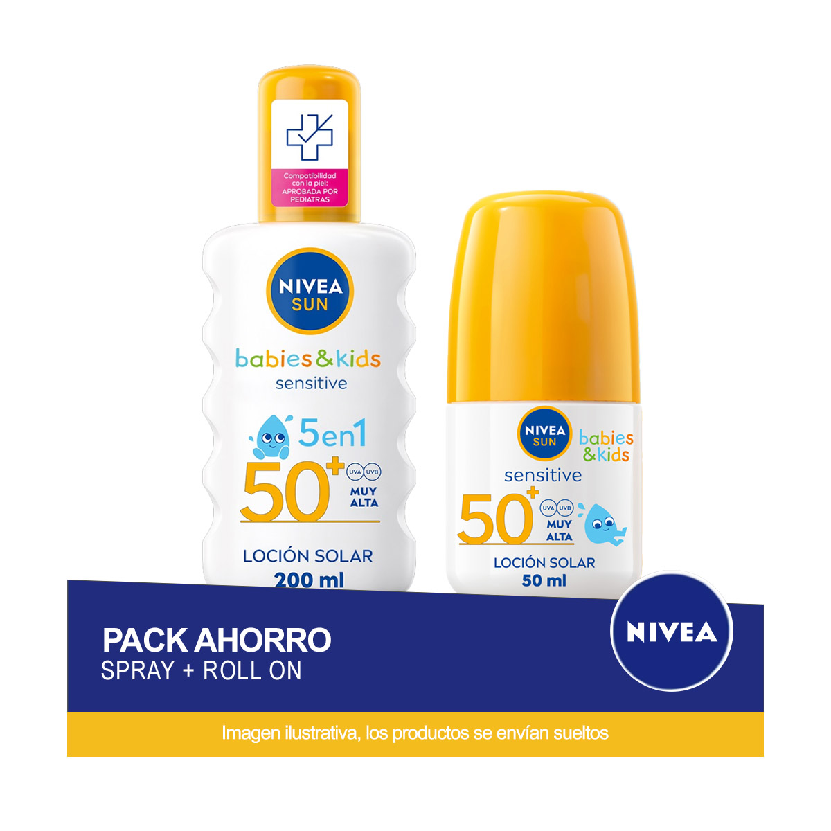 NIVEA SUN Pack ahorro Sentitive Kids: Contiene FP 50+ Spray Solar Niños Sensitive + FP 50+ Roll on Niños Sensitive. Protección muy alta