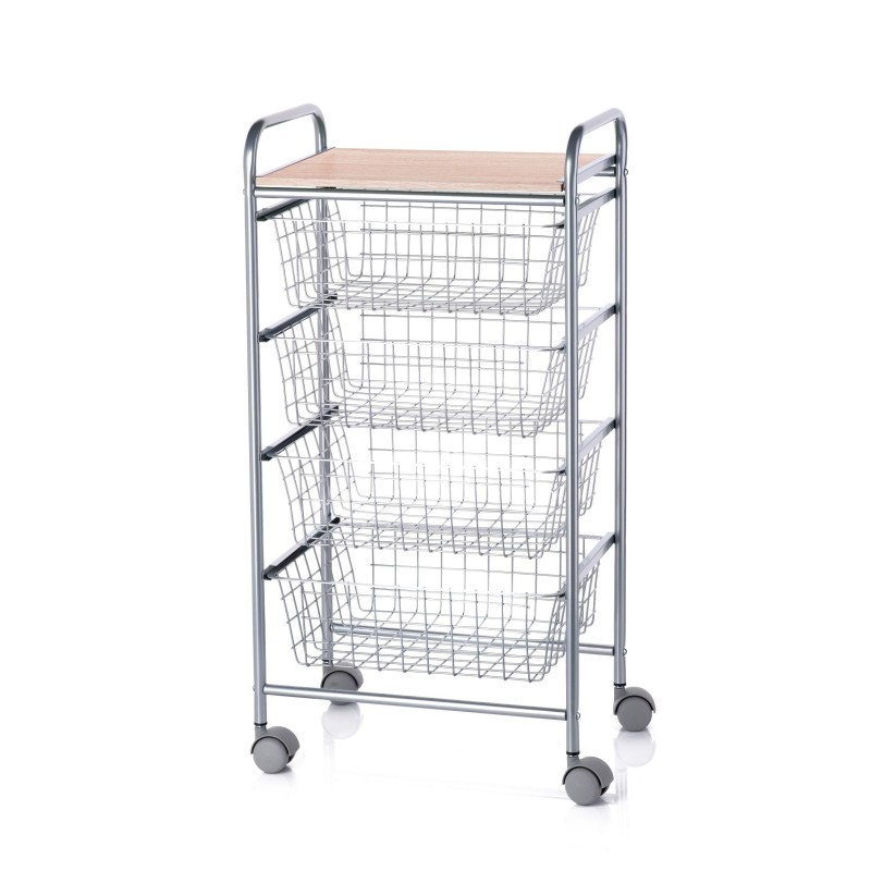 DON HIERRO - Carrito Auxiliar de Cocina BEECH con 4 Cestas Extraíbles – Mueble Multiusos con Ruedas, Armazón Gris y Encimera Haya-
