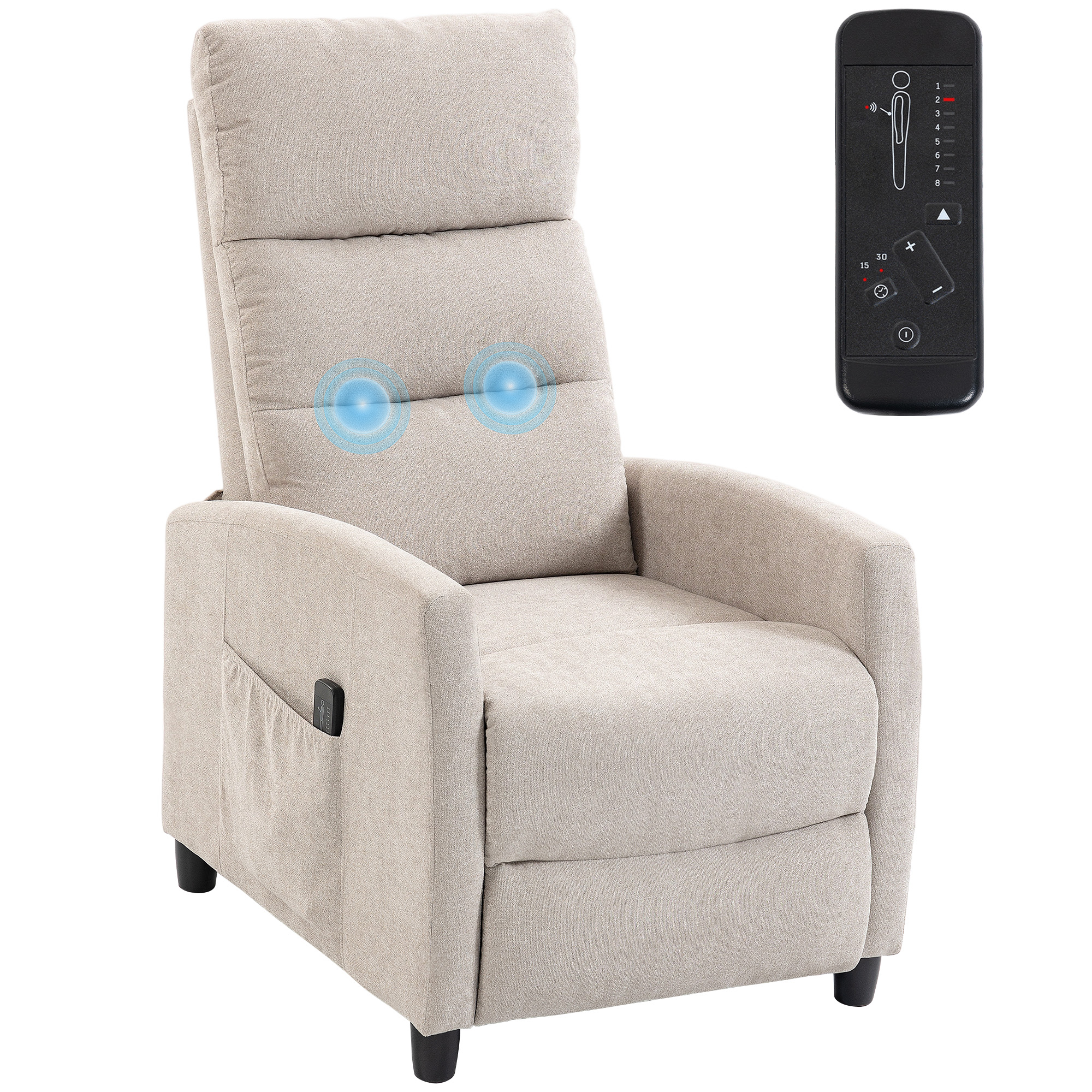 HOMCOM Sillón de Masaje, Sillón Relax Reclinable 160° con Mando a Distancia, Reposapiés, 2 Zonas de Masaje, Respaldo Alto, Asiento de Muelles, Bolsillos, Tapizado en Chenilla, 66x91x108 cm