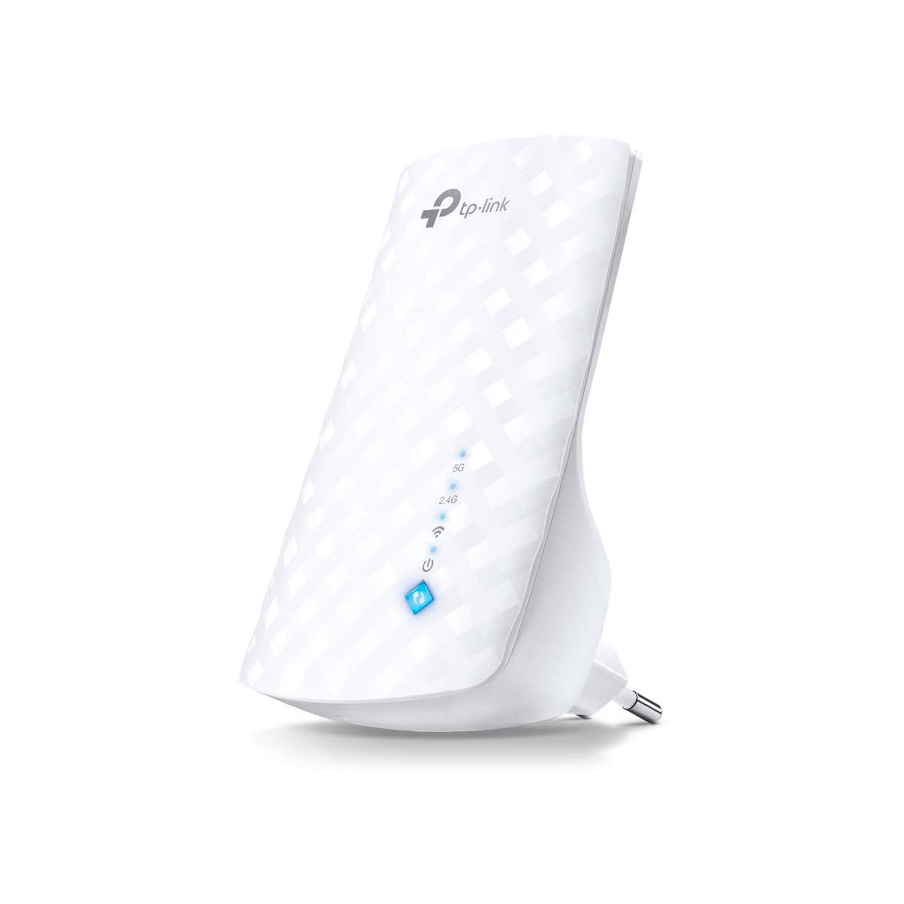 TP-Link RE190 Wi-Fi Repeater, dual band range extender up to 750Mbps, mini wall-mounted design for easy setup, compatible with 802.11 b/g/n/ac devices, enhances home coverage by eliminating dead zones.